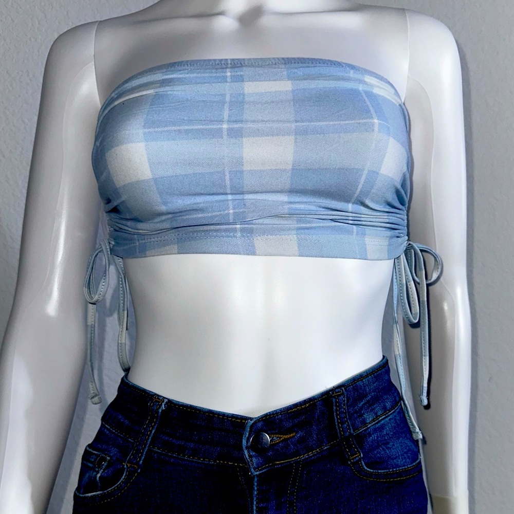 Adjustable Blue Plaid Checkered Tube Top